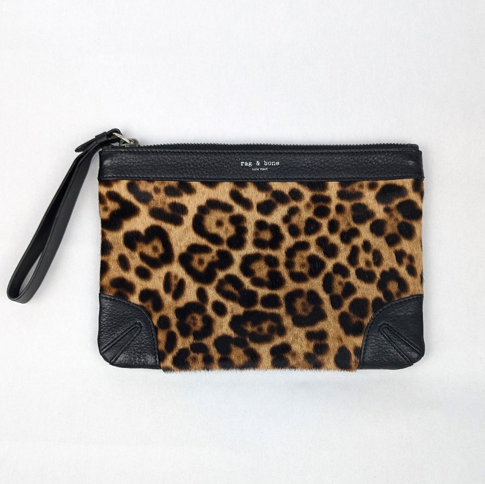 RAG & BONE - Leopard Wristlet Pouch Bag with Black Leather Strap